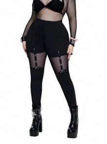 Whyspr 大码时尚高腰修身打底裤，配撞色网眼嵌件和金属扣装饰，打底裤