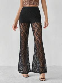 SHEIN Tall Resort Knitted Lace High Waisted Flared Women's Trousers