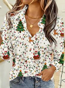 EMERY ROSE Casual Simple Christmas Pattern Loose Shirt For Women, Suitable For Autumn/Winter - Multicolor - View 1
