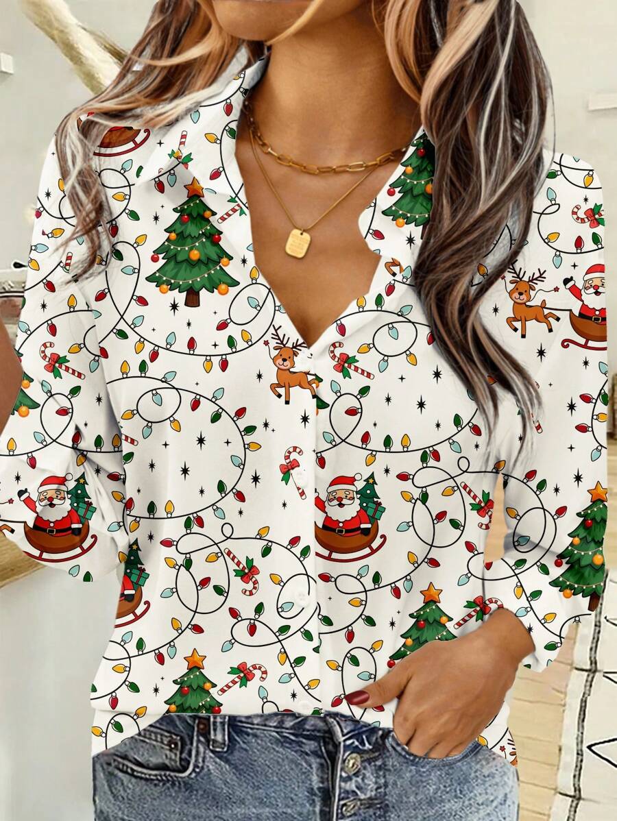 EMERY ROSE Casual Simple Christmas Pattern Loose Shirt For Women, Suitable For Autumn/Winter - Multicolor - View 1