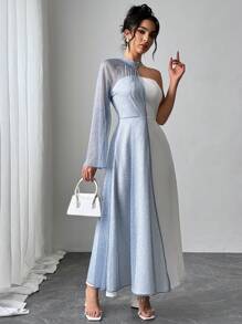 SHEIN Privé Light Blue And White,Autumn,Elegant,Formal Women's Mesh Overlay Single Bell-Sleeve Strapless A-Line Dress Luxurious New Year Party Date - Blue and White - View 6