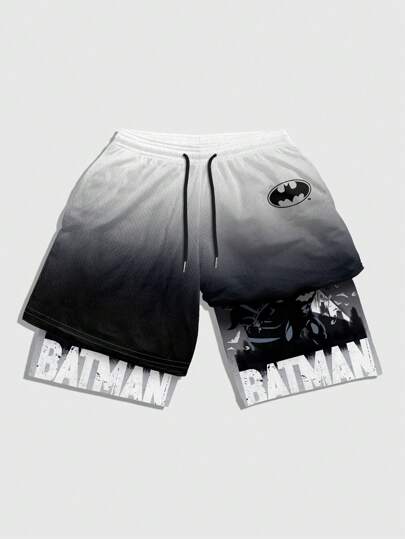 Batman X ROMWE Pantalones cortos de baloncesto de verano casuales para hombres con estampado de letras degradado y cordón en la cintura