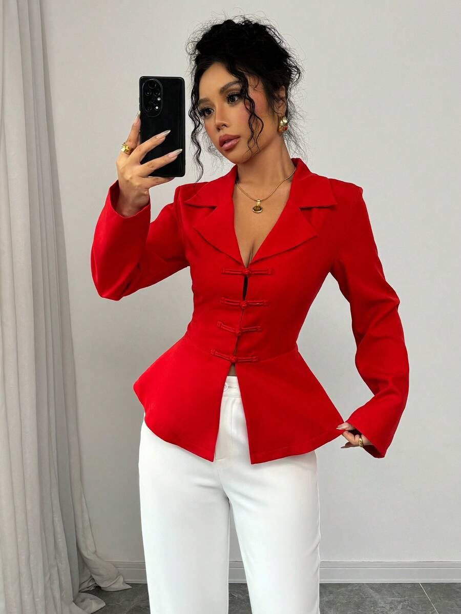 Elenzga Red Mandarin Collar Long Sleeve Shirt With Button Closure - Red - View 1