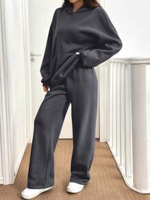 SHEIN EZwear 2 件套女士休闲保暖连帽衫和裤子套装，深灰色，适合秋冬季 - 深灰色 - 查看 6