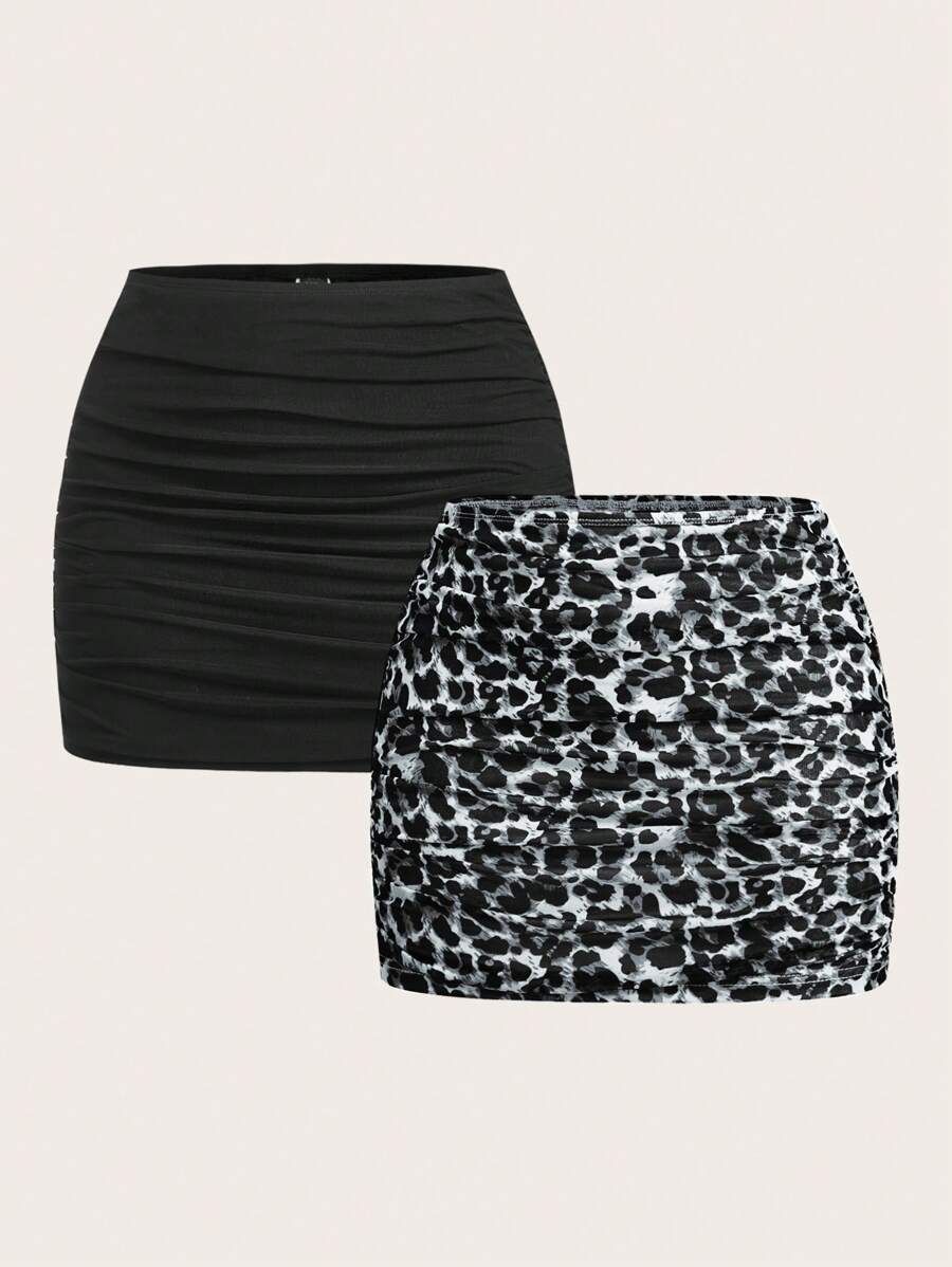 Muchica Knitted Leopard Print Mesh Women's Skirt - Grey - View 1