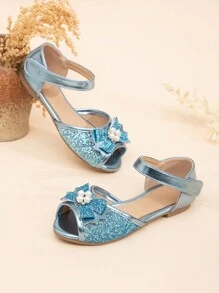 Girls Glitter Patent Faux Leather Pearl Rhinestone Bowknot Decor Open Toe Flat Princess Sandals - Blue - View 6