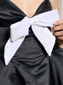 AiiRZ Vestido mini de satén elegante con detalle de gran lazo en la parte delantera, falda de gala plisada, tirantes ajustables tipo espagueti, escote de corazón, perfecto para fiestas festivas, eventos especiales y graduación - Negro - Ver 5