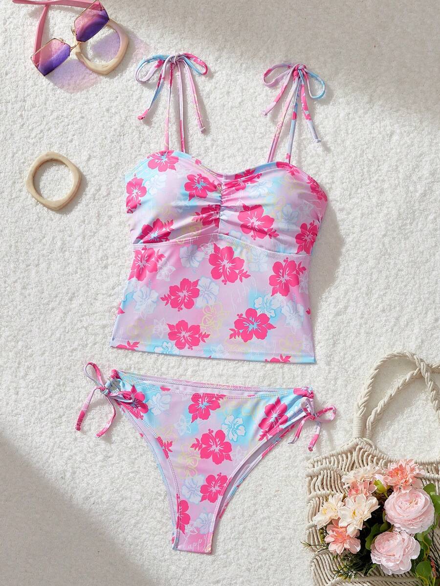 SHEIN MOD Bộ đồ bơi in hoa 2 món có dây đeo vai, quần trước nhún bèo và dây rút bên hông cho kỳ nghỉ hè ở bãi biển - Màu Hồng baby - Xem 1