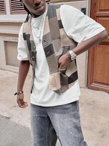 Manfinity VCAY 男士数码印花格子V领背心，秋冬款