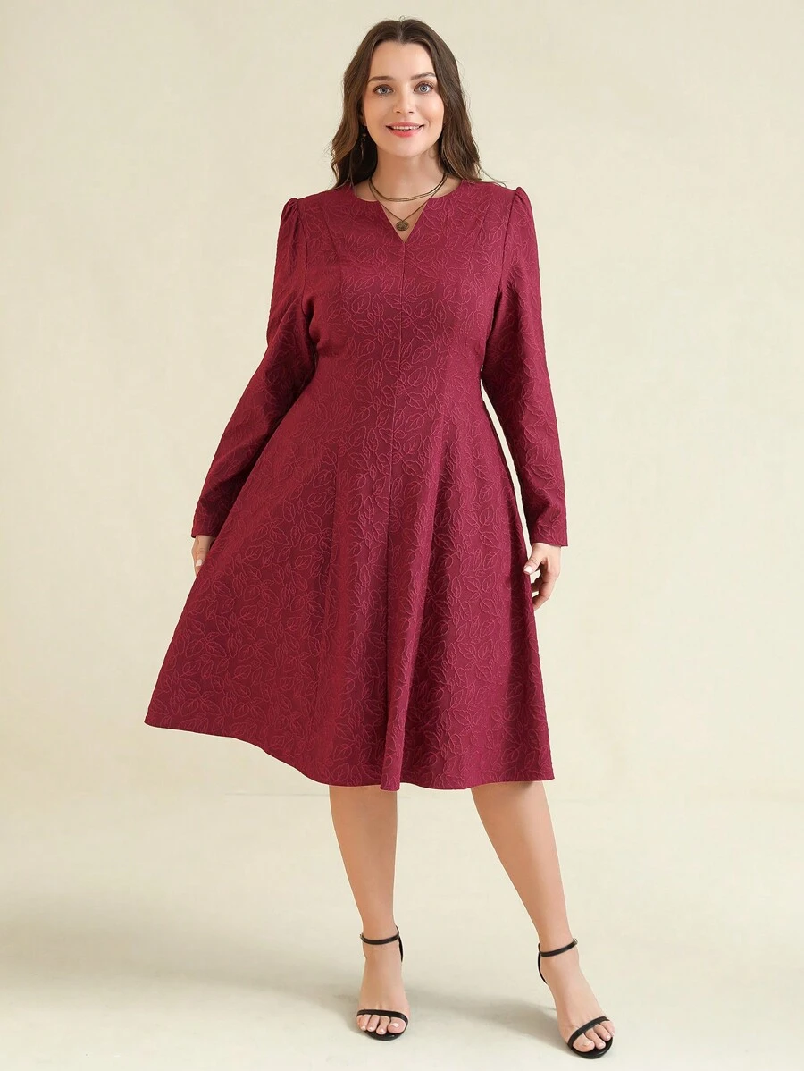 Joress Plus Size Leaf Texture Solid Color V-Neck Short Elegant Dress, Spring/Autumn Burgundy Maxi Women Outfit Fall Cloth For Women - Burgundy - View 1