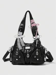 ROMWE Kawaii 朋克风格系带机车女士手提包，女士休闲斜挎包，哥特风格，万圣节包，非常适合与万圣节服装搭配的化装派对 - 黑色 - 查看 4
