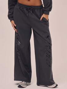 Musera Sport Raw Hem Slogan Wide Leg Sweatpants Vacation Spring