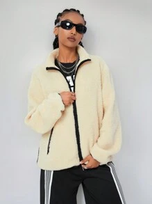 SHEIN EZwear Women's Fall/Winter Basic Date Night Sherpa Fleece Color-Blocked Coat - Beige - View 4