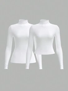SHEIN BASICS 2pcs Set Plain Knit Stand Collar Long Sleeve Fitted Women T-Shirts