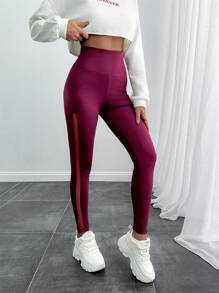 SHEIN Women's Purple Transparent Side Strip Detailed High Waist Leggings - Purple - View 6