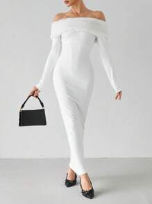 SHEIN Tall Luxury White Off-Shoulder Furry Bodycon Long Sleeve Maxi Evening Dress For Women
