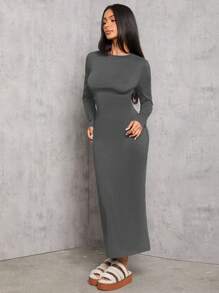 SHEIN PETITE 纯色褶皱腰黑色长袖连衣裙 - 灰色 - 查看 7
