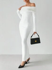 SHEIN Tall Luxury White Off-Shoulder Furry Bodycon Long Sleeve Maxi Evening Dress For Women