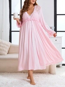 Plus Size Lace Patchwork Long Sleeve Minimalist Coat & Dress Loungewear Set, Vacation