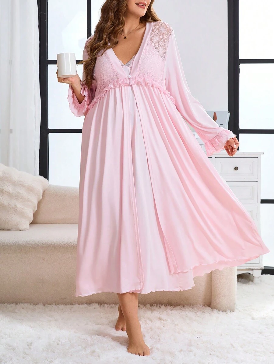 Plus Size Lace Patchwork Long Sleeve Minimalist Coat & Dress Loungewear Set, Vacation