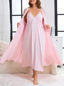 Plus Size Lace Patchwork Long Sleeve Minimalist Coat & Dress Loungewear Set, Vacation