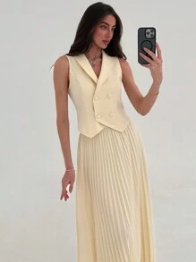 Aloruh Elegante conjunto de 2 piezas con blusa con decoración de botones delanteros y falda plisada en línea A, estilo universitario, versátil para citas - Beis - Ver 6