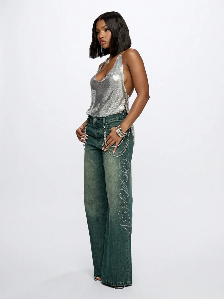 SUMWON WOMEN Spodnie jeansowe z szerokimi nogawkami, zdobieniami z kryształków i łańcuszkiem