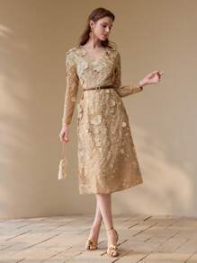 MOTF PREMIUM FLORAL EMBROIDERY A LINE DRESS - Apricot - View 6
