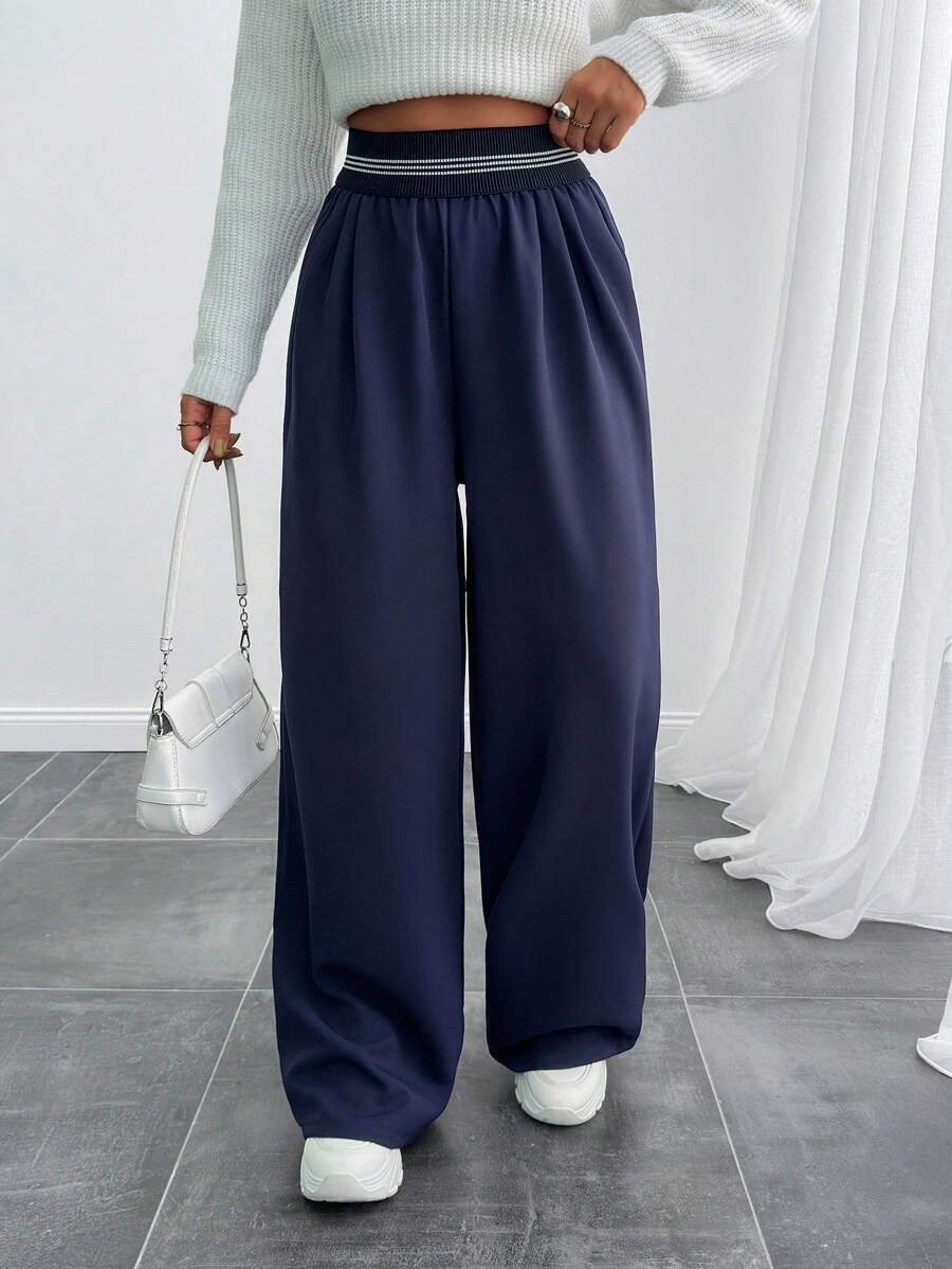 EURMUSE Quần ống rộng kẻ sọc Colorblock thường ngày - Màu xanh hải quân - Xem 1