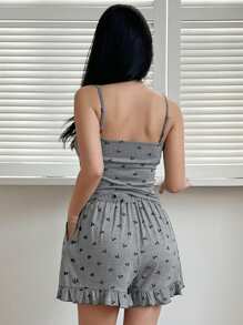 DAZY Bộ đồ ngủ Pijama in họa tiết toàn thân không đối xứng vừa vặn & viền xếp nếp quần short rộng rãi - Xám - Xem 2