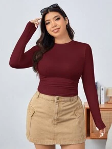 Solflare Ngày lễ tình nhân, Áo thun nữ cổ tròn tay dài màu trơn cỡ lớn đơn giản thường ngày - Màu Đỏ Sâu - Xem 7