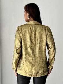 SHEIN Unity 大码编织铝箔装饰休闲单纽扣撞色领西装外套，适合新年节日派对服装 - 金色 - 查看 5