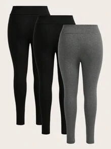 SHEIN Essnce 大码女式紧身裤，3 件套，女式紧身裤，Curve Plus 秋季裤子秋季女装女裤瑜伽裤 - 黑色 - 查看 2