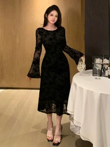 DAZY 女士中长款情人节印花植绒网纱迷你连衣裙，春秋季优雅长袖舞会礼服 - 黑色 - 查看 3