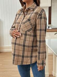 SHEIN 孕妇格子印花 Polo 领长袖休闲口袋衬衫 - 卡其色 - 查看 5