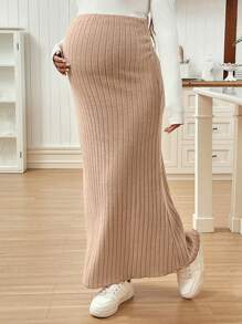 SHEIN 孕妇可调节腰围纯色裙子 - 杏色 - 查看 4