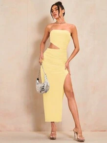 SHEIN BAE Women Solid Color Bandeau Side Cut-Out Ruched Slit Hem Fashion Dress - Yellow - View 3