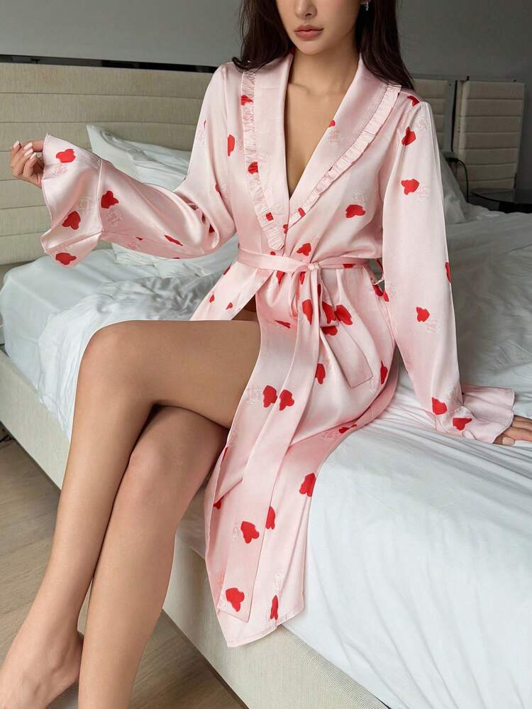 Heart Allover Print Ruffle Trim Self-Tie Waist Robe Pajama