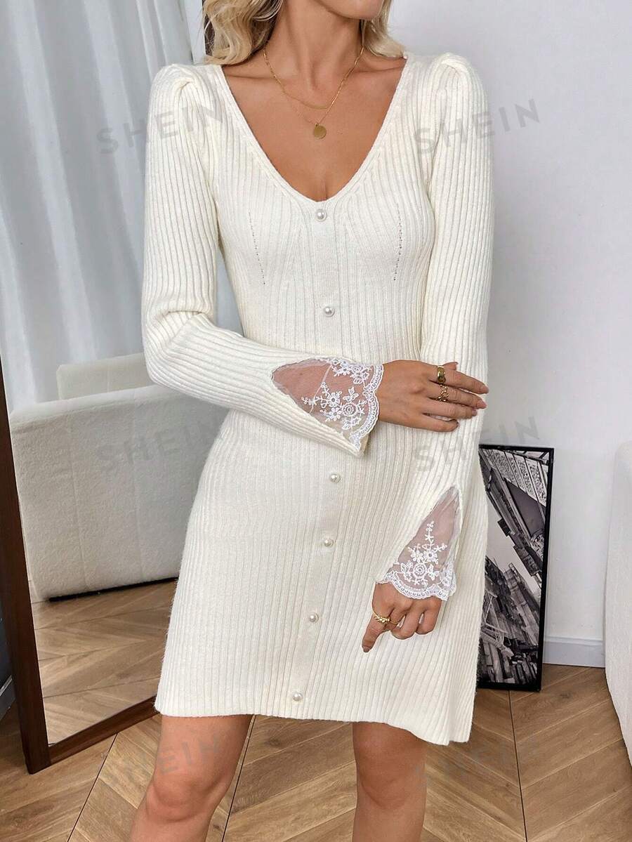 Chiquease Vestido de suéter línea A con cuello en V elegante casual, manga abullonada y parche de encaje