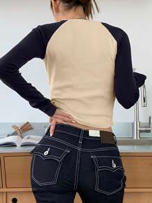 INAWLY 女式休闲 V 领长袖 T 恤，带数字印花色块，秋季图案 T 恤女式春季上衣