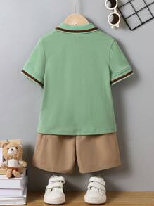 SHEIN Jonge jongen Cartoon Beer Contrast Kleur Korte Mouw Casual Polo Top En Shorts 2 Stuks Set