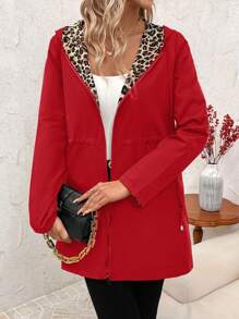 SHEIN Clasi Veste à capuche réversible avec poches zippées à imprimé léopard pour femmes, manches longues