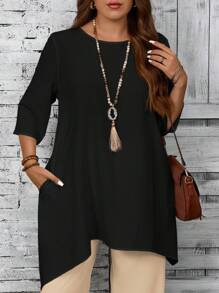 EMERY ROSE Plus Size Women Round Neck 3/4 Sleeve Asymmetric Hem Casual White Shirt, Spring & Summer Fall Women Clothes