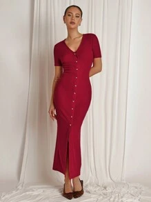 COSMINA Women's Solid Color Button Front Short Sleeve Casual Long Dress - Red - View 1