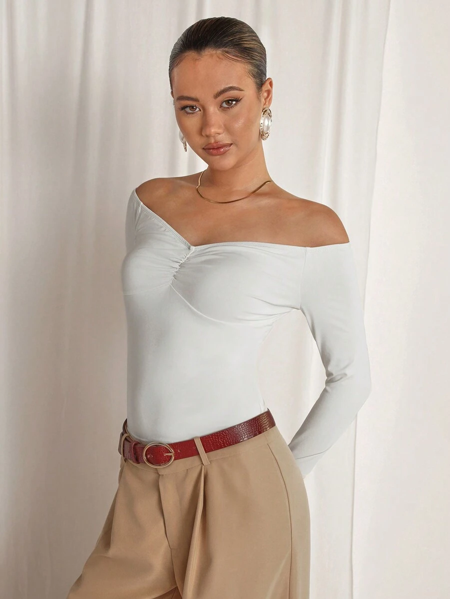 COSMINA Women's Off-Shoulder Long Sleeve Ruched Fitted T-Shirt, Solid Color For Autumn