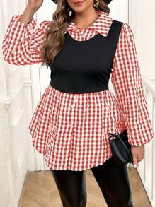 SHEIN VCAY 大码格子拼布针织休闲上衣，秋冬 - 紅色 - 查看 5