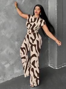 Maweii Bộ 2 món áo thun thường ngày in họa tiết cổ tròn tay ngắn cỡ lớn và quần dài - Màu Khaki - Xem 3