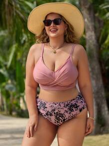 Swim Lushoire Plus Size Random Print Fashion Camisole Style 2pcs Tankini Set Summer - Multicolor - View 3