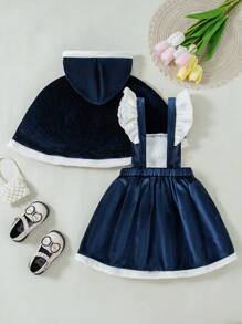 SHEIN Young Girls Velvet & Fleece Patchwork Hooded Cloak Jacket + Retro Christmas Jumper Dress 2pcs Outfit, Winter - Royal Blue - View 2