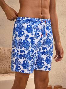 Manfinity VDAYZ 1 件男士休闲度假佩斯利花卉印花沙滩短裤情侣款泳装度假，夏威夷风 - 藍色 - 查看 4